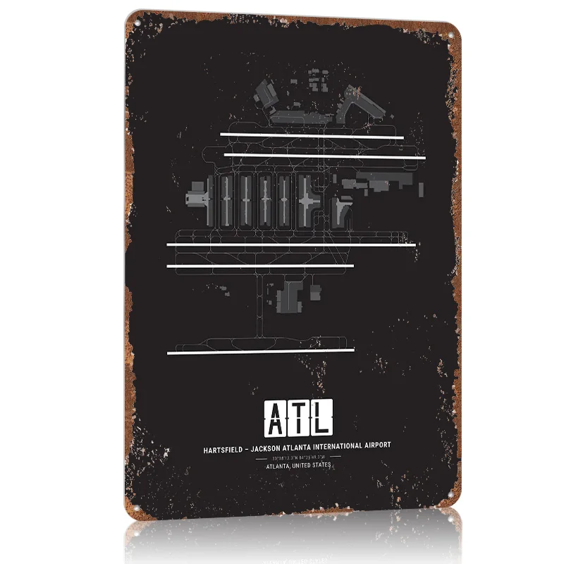 ملصق معدني لتخطيط مطار أتلانتا، ملصق تين، أشياء فنية جدارية لتصميم الغرفة، علامات معدنية قابلة للتخصيص لديكور المنزل