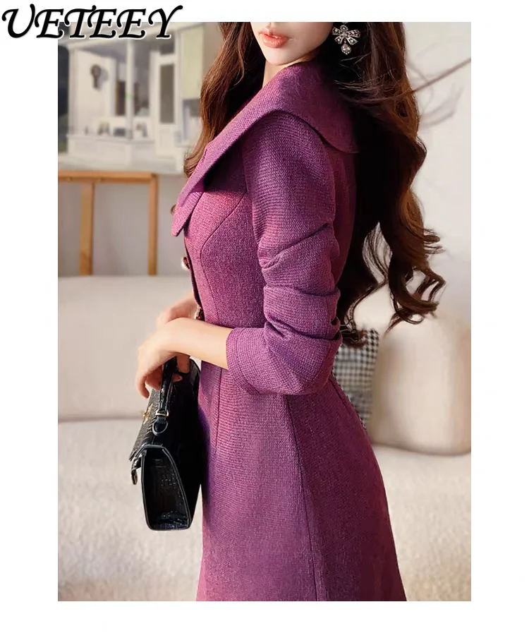 

Французское элегантное утягивающее платье с бантом и воротником для женщин, осеннее фиолетовое новое платье с высокой талией и длинными рукавами, платья для торжественных случаев