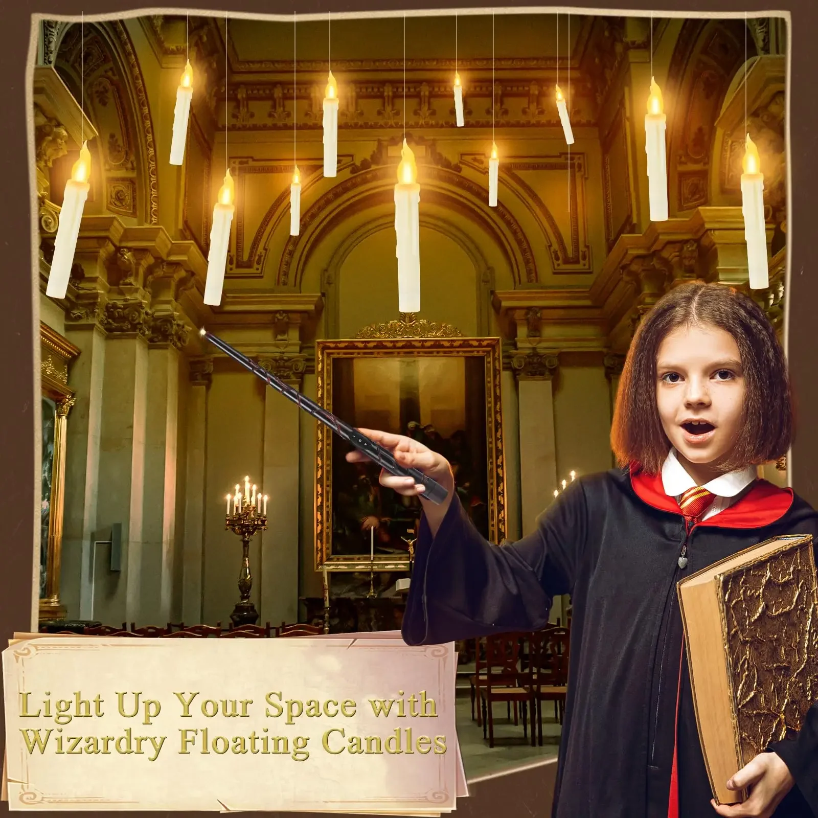 12pcs Magic Floating Candles with Wand Remote Flameless LED Flickering Hanging Candle for Halloween Christmas Room Ceiling Decor