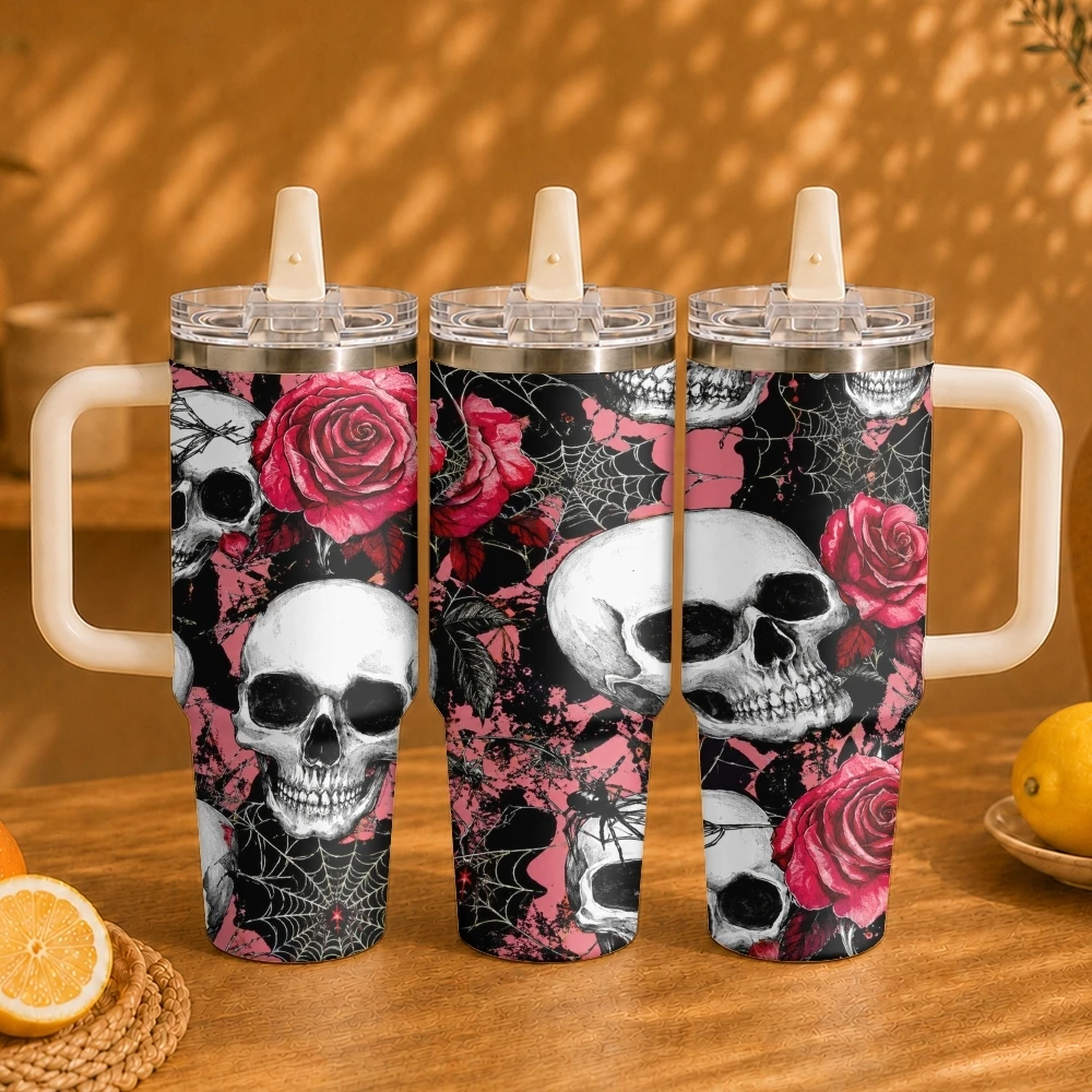 Dark Rose Skeleton Vacuum Flasks 40oz Vacuum Insulated Travel Mug - Stainless Steel Straw Cup Lid
