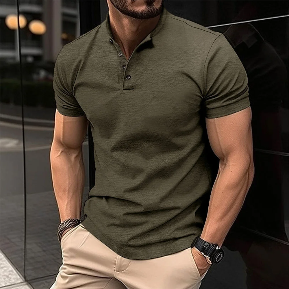 

New style European-style men's button-down Henry collar sports polo shirt in solid color fabric. Comfortable. Fast shipping.