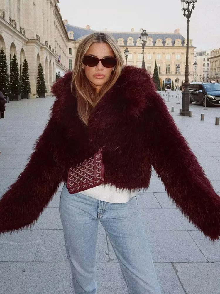 Vintage Women Faux Fur Coat Winter for Women Turndown Collar Thick Warm Fur Outerwear Ladies Casual Slim Long Sleeve Coats Chic