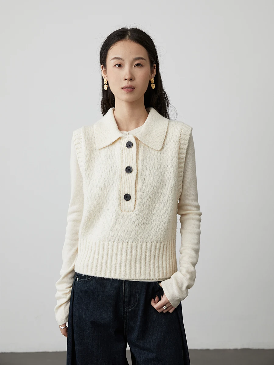 

Caremind Knitted Sweater Tee-Color Collar Svel Vest Versatile Wool And Nylon Blend Commute Sle Regular Fit