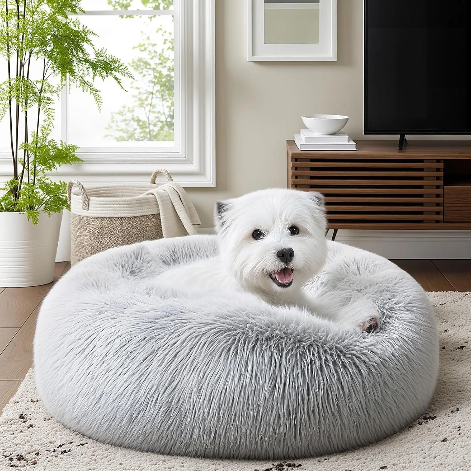 

Small & Medium Dog Bed, Donut Round Calming Dog Cat Bed, Anti-Anxiety Fluffy Plush With Anti-Slip Bottom Hine Washable Cuddler