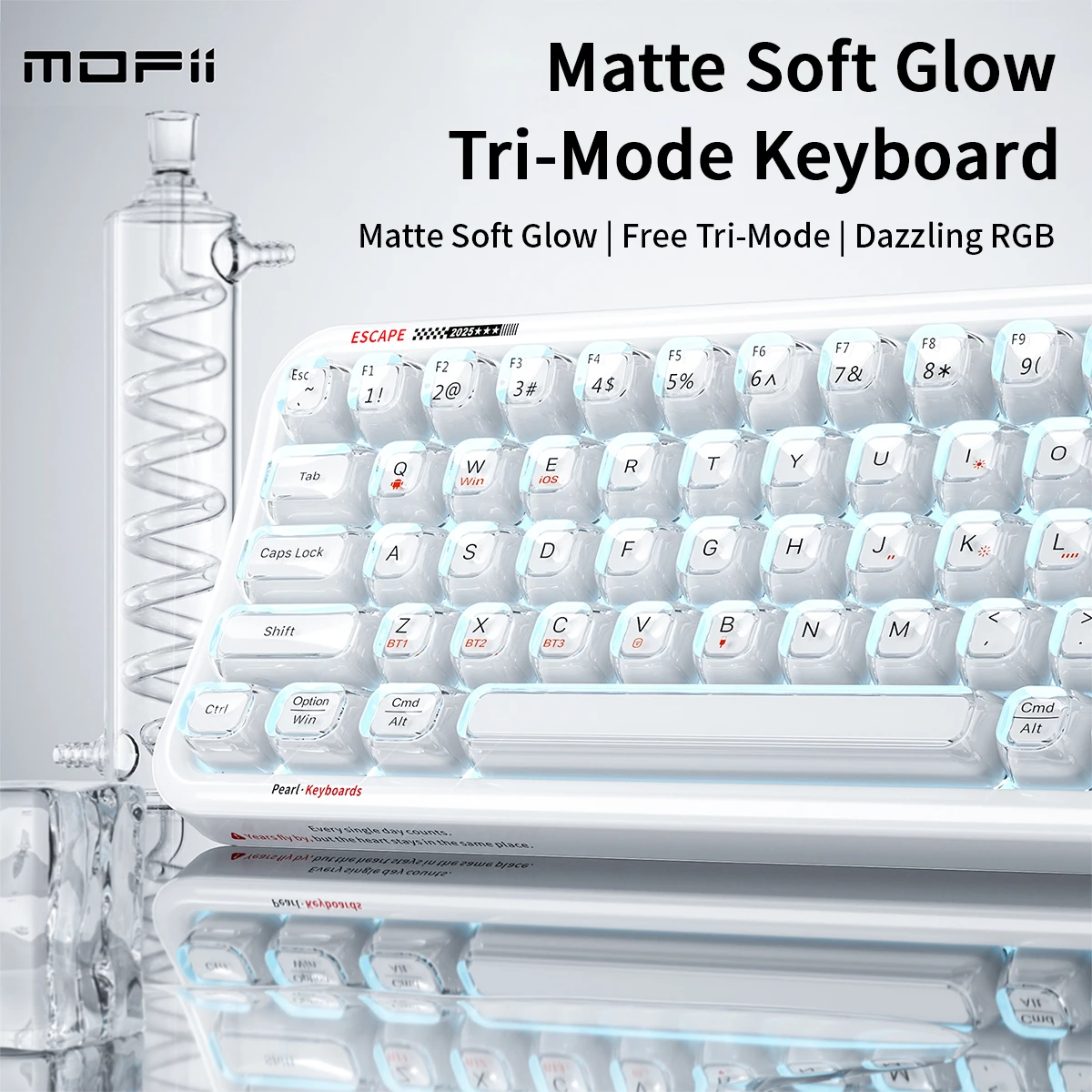 MOFii Pearl Semi-Transparent Tri-Mode Wireless Keyboard, 68 Keys 75% Compact Layout, RGB Backlit Double Shot Keycaps for Office