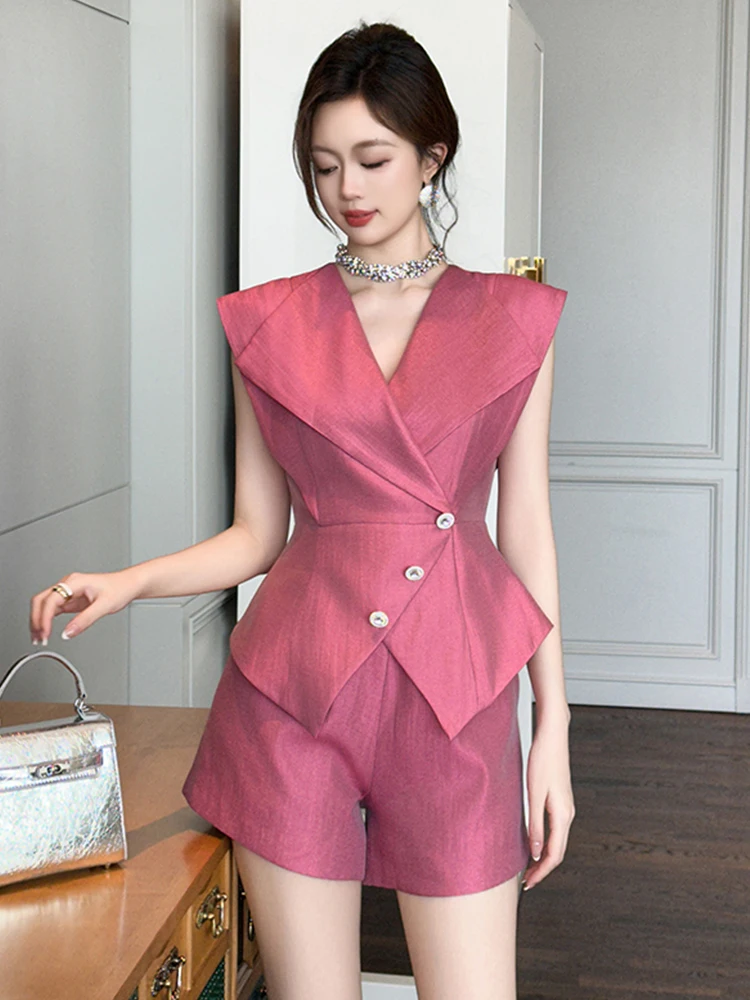 

New Summer Formal Casual 2 Pieces Outfit Women Clothes Elegant Sleeveless Tops Shirt Blouse And High Waist Shorts Mujer Slim Set