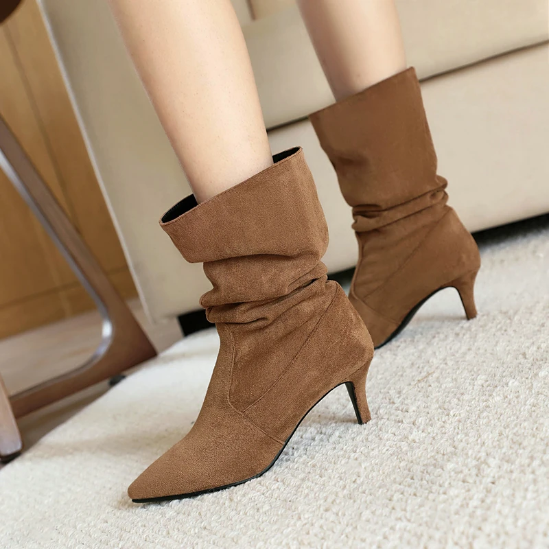 Faux Suede Leather Denim Jeans Pointed Toe Slip-on Botines Pleated Pattern Women Sexy Stretch Ankle Boots Spike Heels Rozmiar 47 48