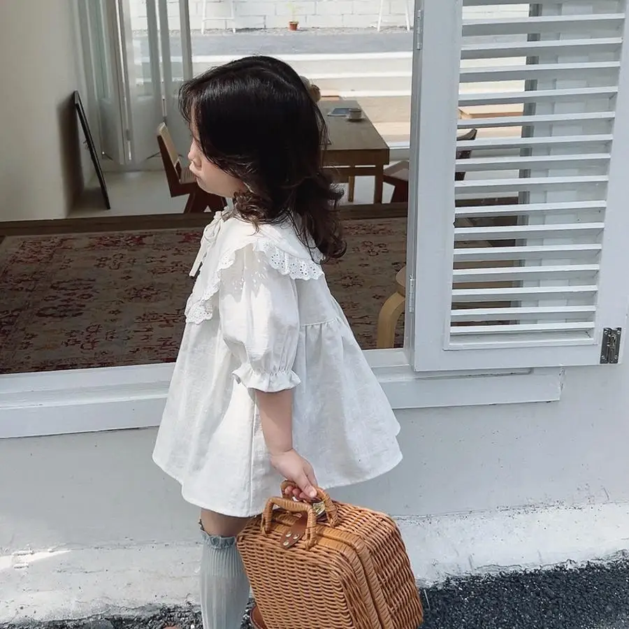 2-9Y Korean Baby Girls Retro Lapel Dress Spring Summer Children Toddler Casual Loose Short Sleeve White Sweet Princess Dresses