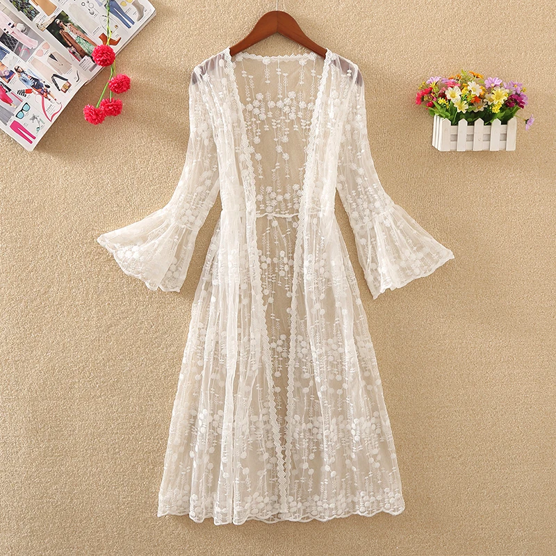 Long Cardigan Beach Cover Up 2023 Summer Blouses For Women Woman V Neck Shirt Top Lace Blusas Femininas Elegant Sunproof Outwear