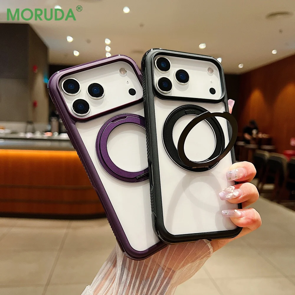 

Магнитный чехол для телефона с вращающимся кронштейном на 360° для iPhone 17 Air 16 15 14 Plus 13 12 Pro Max, бампер с подушкой безопасности, прозрачная крышка