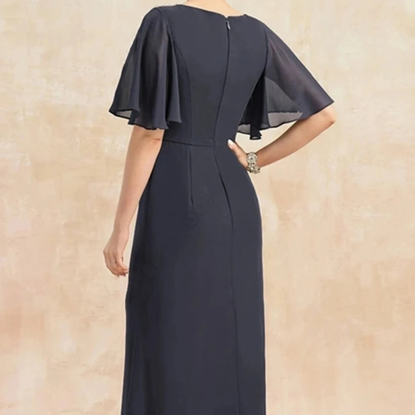

Women's Navy Blue Evening Gown with Boat Neck Flutter Sleeves Mother of the Bride Dress Elegant and Timeless Wedding Dress