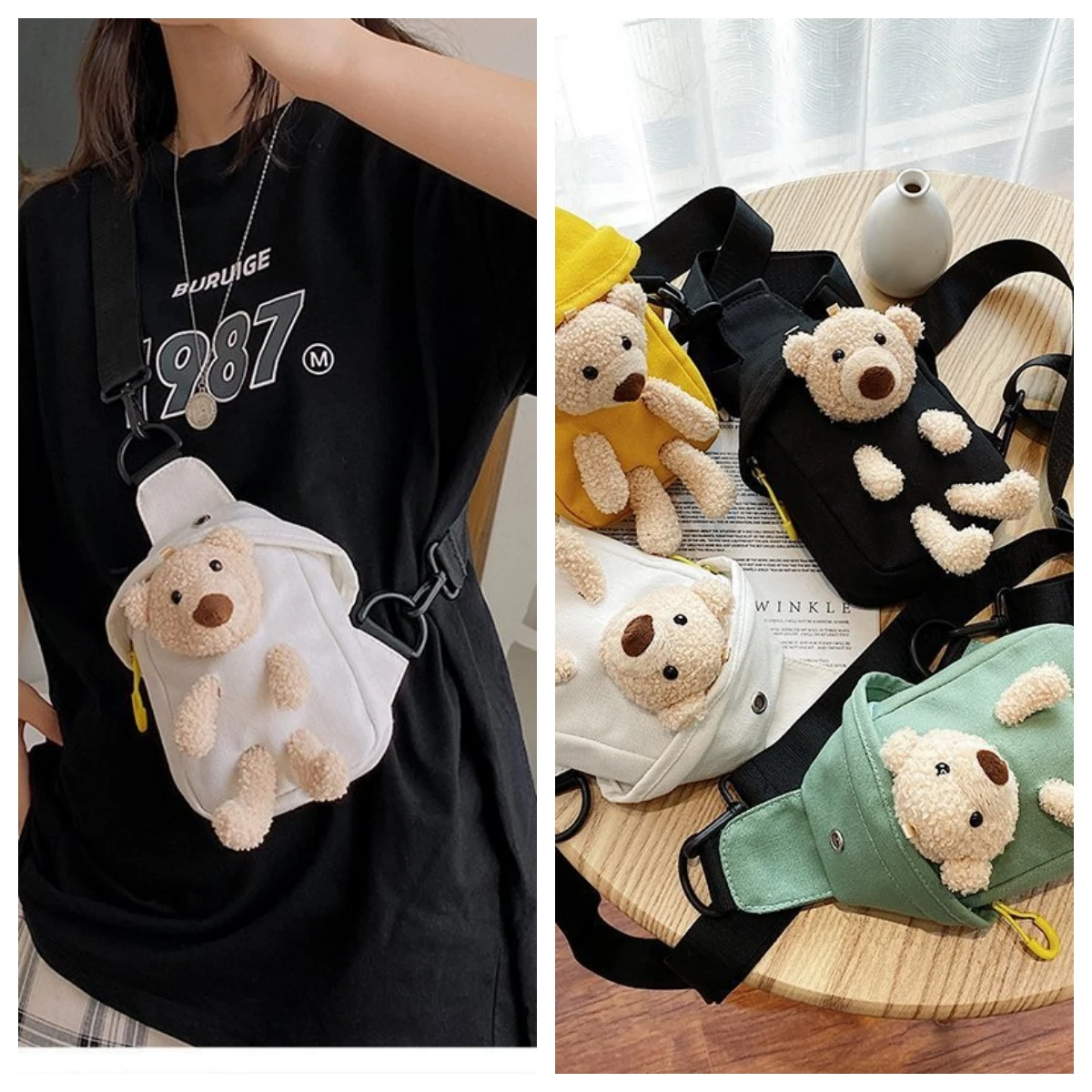 New Cute Canvas Cartoon Shoulder Bag for Women Girls Little Bear Chest Bag Single Shoulder Crossbody Bag Coin Purse Phone Pouch