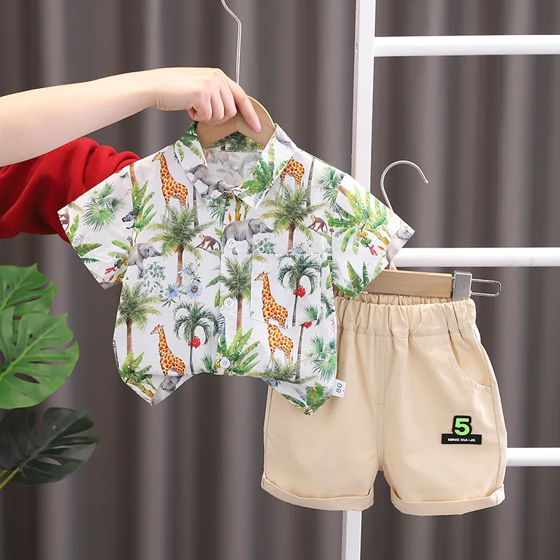 

Summer Baby Boy Clothes 2 to 3 Years Cartoon Turn-down Collar Short Sleeve Shirts and Shorts for Childrens Beach Suits Outfits