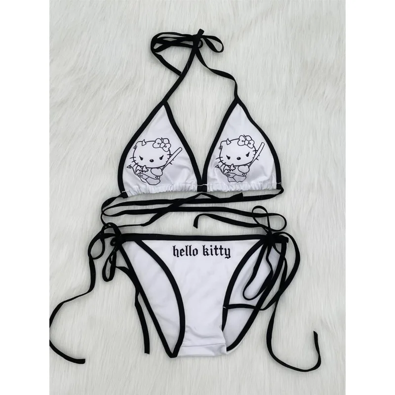 Black Gothic Hello Kitty Anime Cartoon Bikini Swimwear with Padded Cups for Women in Hawaii Beach Funny Spoofing Kitty Cute Girl