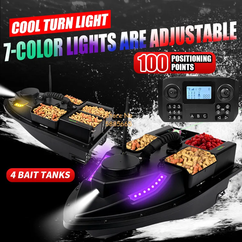 54CM 4 Hopper 100 GPS Auto Return Cruise RC Fishing Bait Boat 500M 2KG Adjust LED Lighting Waterproof Remote Control Bait Boat