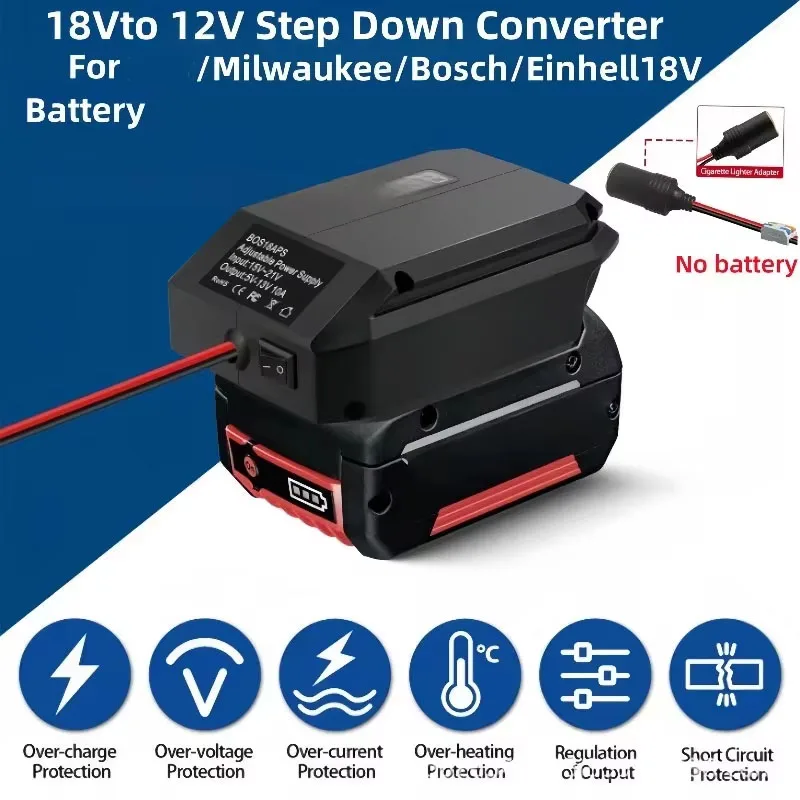 Novo conversor step down de 18v para 12v para dewalt/milwaukee/bosch/einhell 18v bateria adaptador de isqueiro redutor de tensão buck