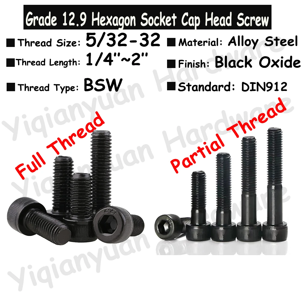 

5Pcs-20Pcs BSW 5/32-32 Grade 12.9 DIN912 Alloy Steel Hexagon Socket Knurled Cap Head Bolts Allen Key Screws Length 1/4'' to 2''