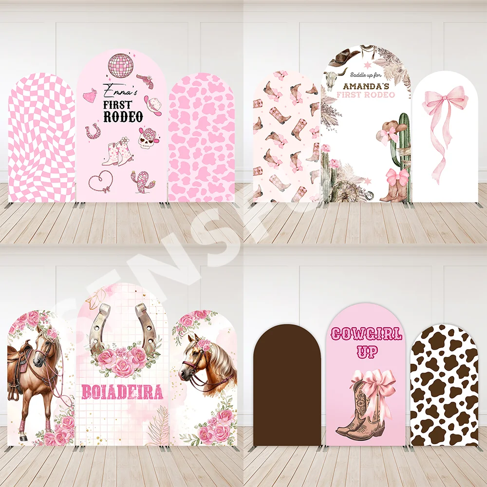 Pink Western Cowgirl Arch Backdrop Cover Flowers Horse Baby Shower Decoration Arched Wall Panels Background Birthday Banner