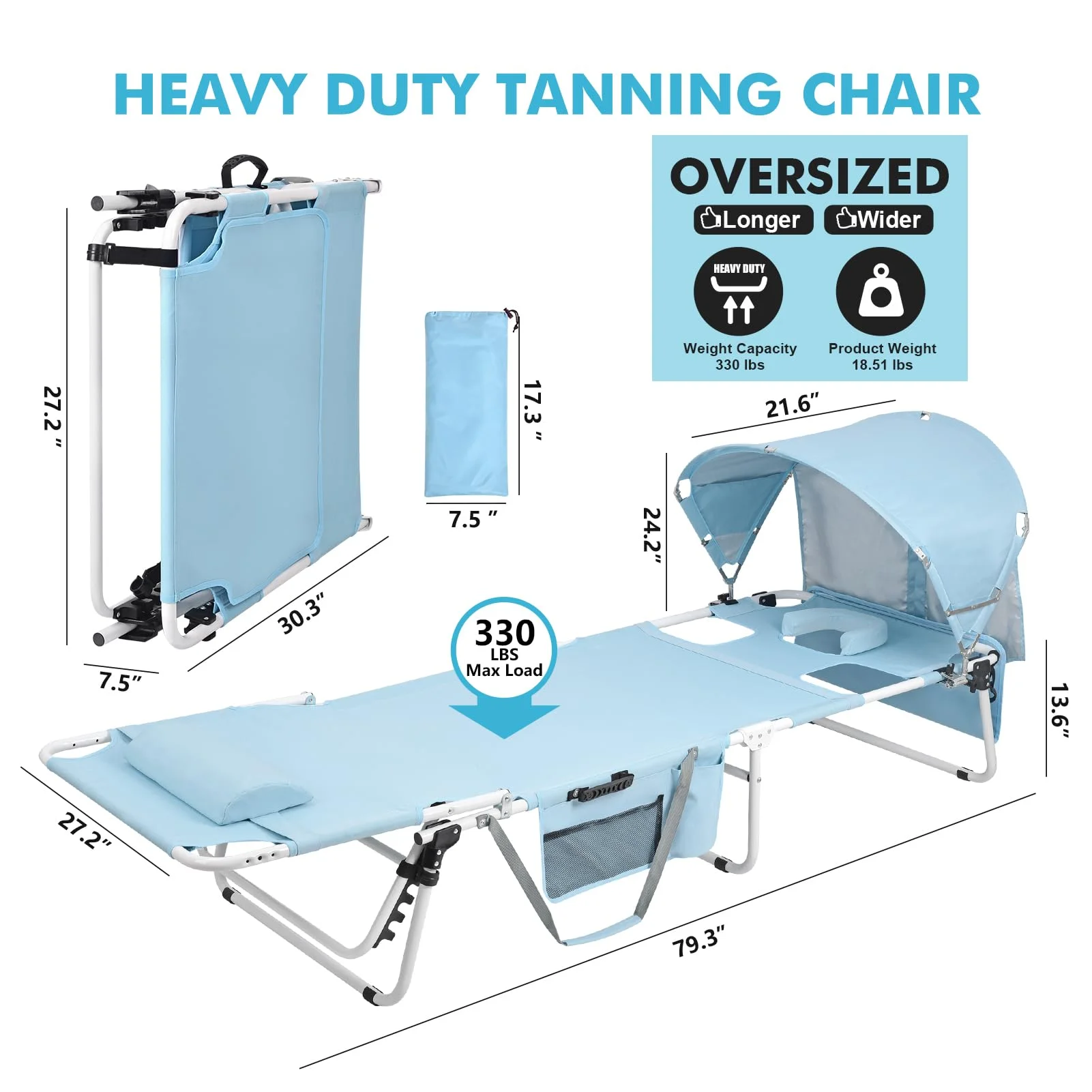 Luxury Backpack Beach Tanning Chair with Canopy Sun Shade Face Hole for Garden Park Poolside Sunbathing Camping Lawn Reading