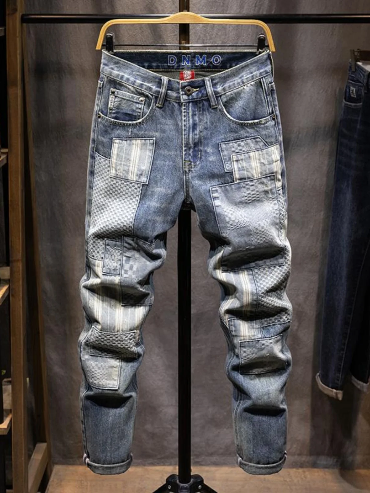 

Retro Waed American Sle Patchwork Men's Jeans Straight Leg Loose Fit Autumn Winter Trendy Brand Casual Wear Resistant