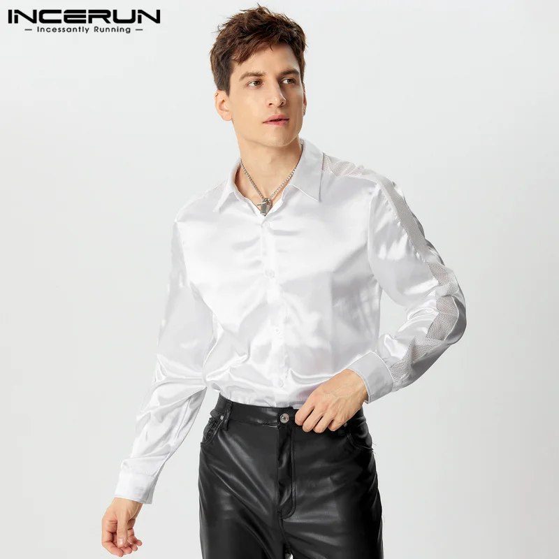 INCERUN Tops 2024 American Style Fashion Men\'s Mesh Hollow Splicing Satin Shirts Casual Party Show Hot Sale Long Sleeved Blouse