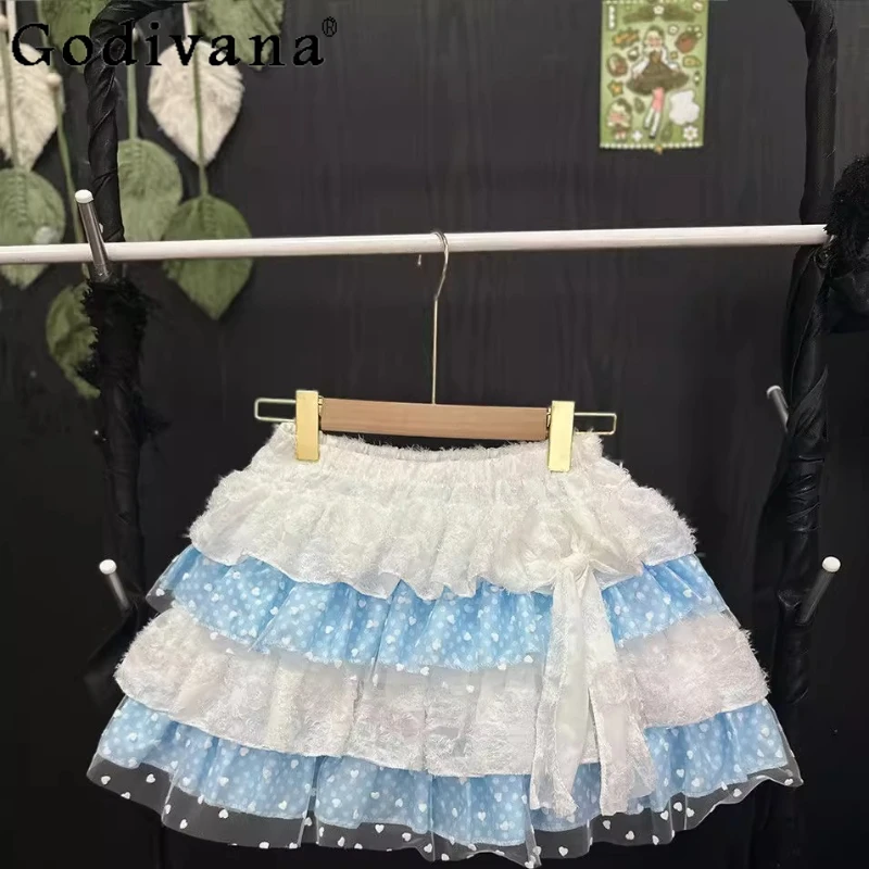 Ladies Y2k Bow Fluffy Cake Mini Skirt White Tassel Blue Dot Love Mesh Dopamine Short Skirt Women's Street Wear Casual Skirt