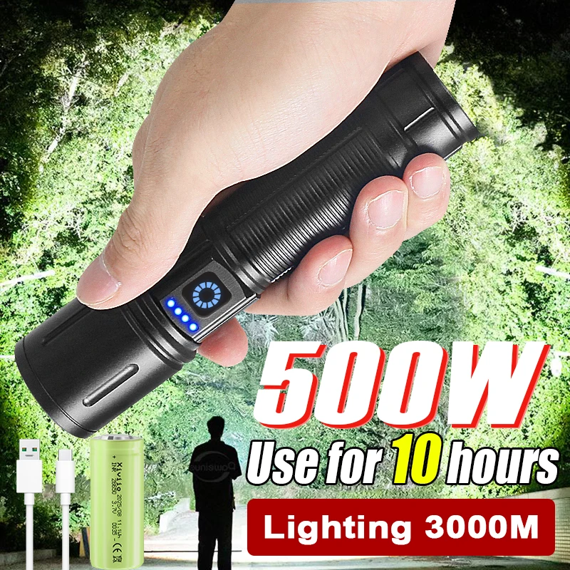 500W Most Powerful LED Flashlight 1000000LM Strong Light Torch Rechargeable Lamp High Power Long Shot Tactical Flashlights 26650