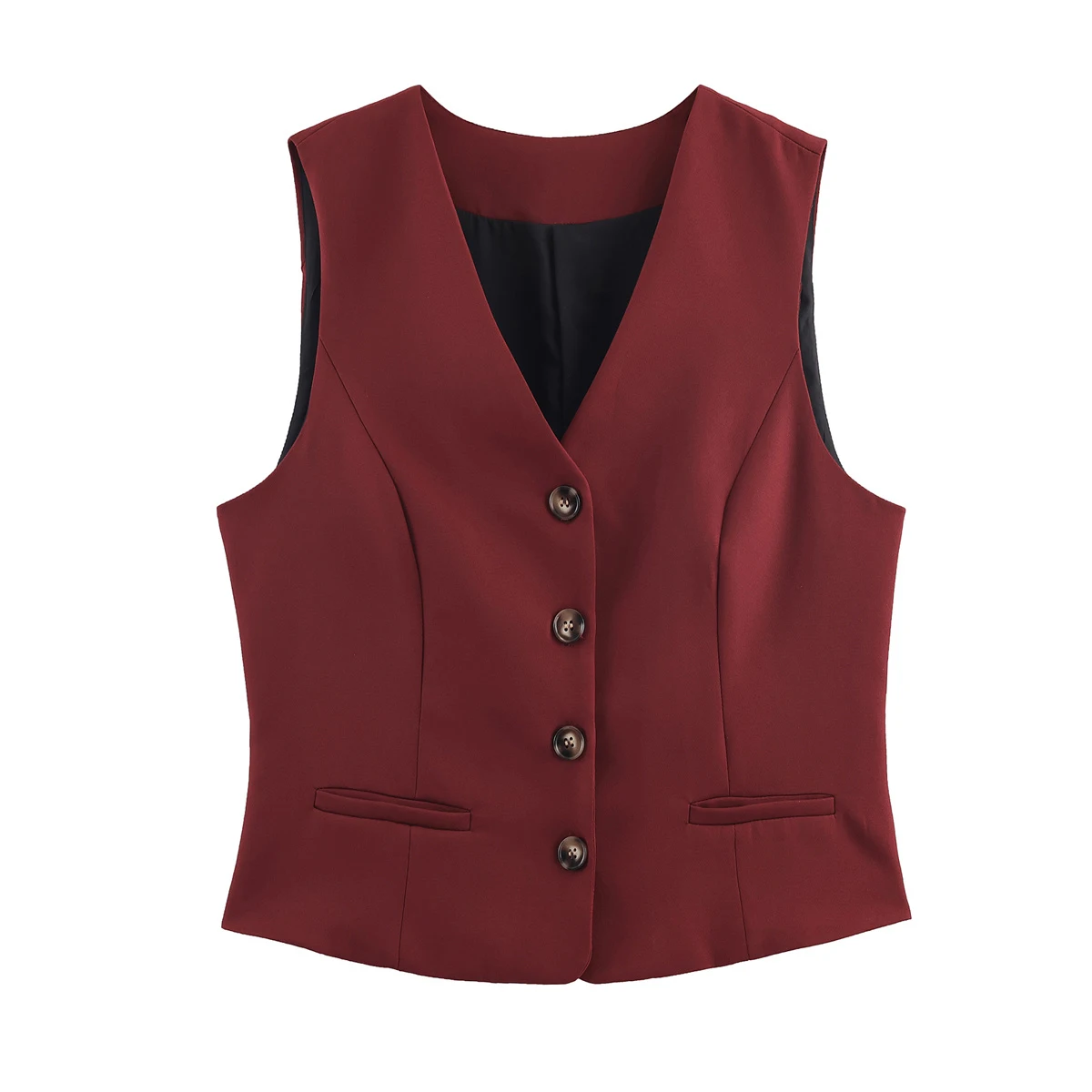 

European and American style autumn new women's clothing style simple V-neck solid color single breasted slim fit suit vest
