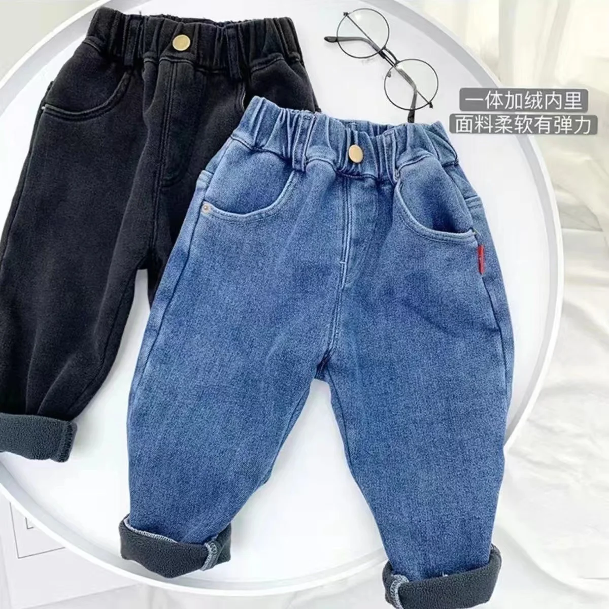 Baby Winter Jeans Children Thick Velvet Warm Denim Pants for Girls Slim Leggings Kids Blue Fleece Trousers 2024 New