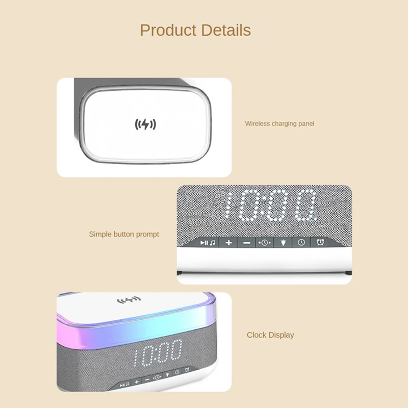 US Plug, Bluetooth Speaker With Wireless Charging Alarm Clock, Wireless Charger Station Snooze Night Light