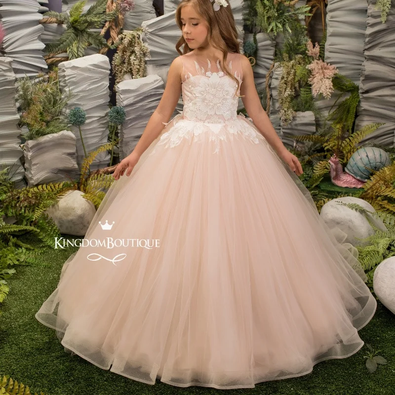 Lorencia Luxury Pink Lace Appliques Flower Girl Dress 2024 Ball Gown Beads Pearls Kids Birtyday Party First Communion Gown YFD77