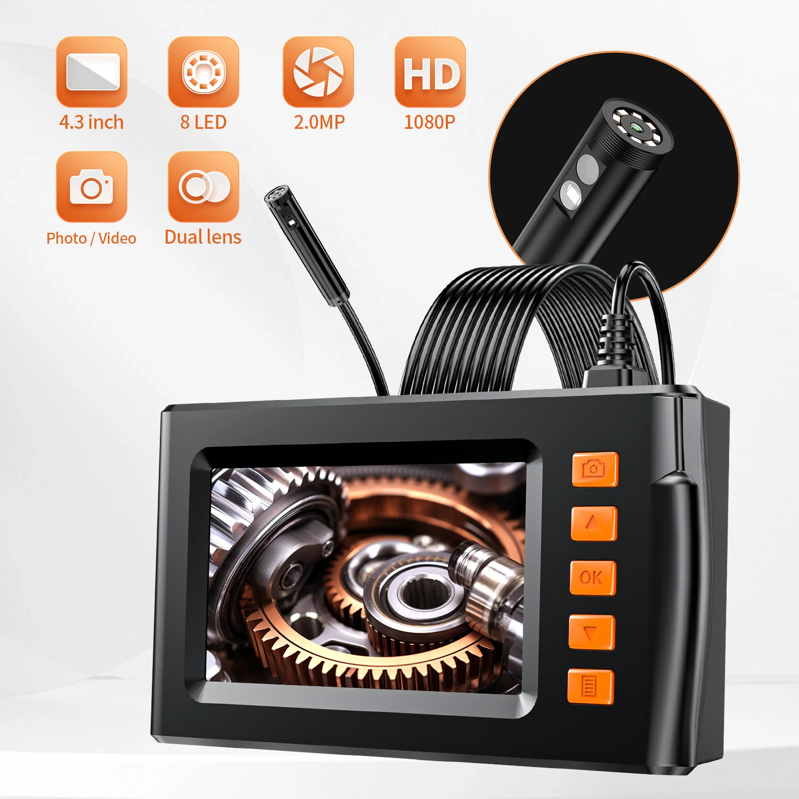 4,3-дюймовый промышленный эндоскоп с ЖК-дисплеем, 8 мм, 1080P, одинарная и двойная HD-камера для осмотра змеиного бороскопа, автомобильная камера