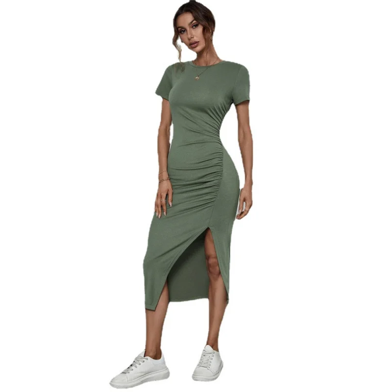 YQ1-2026Women's Round Neck Pullover Waist-Cinching Slit Short Sleeve Bodycon Dress Mid-Length Dress