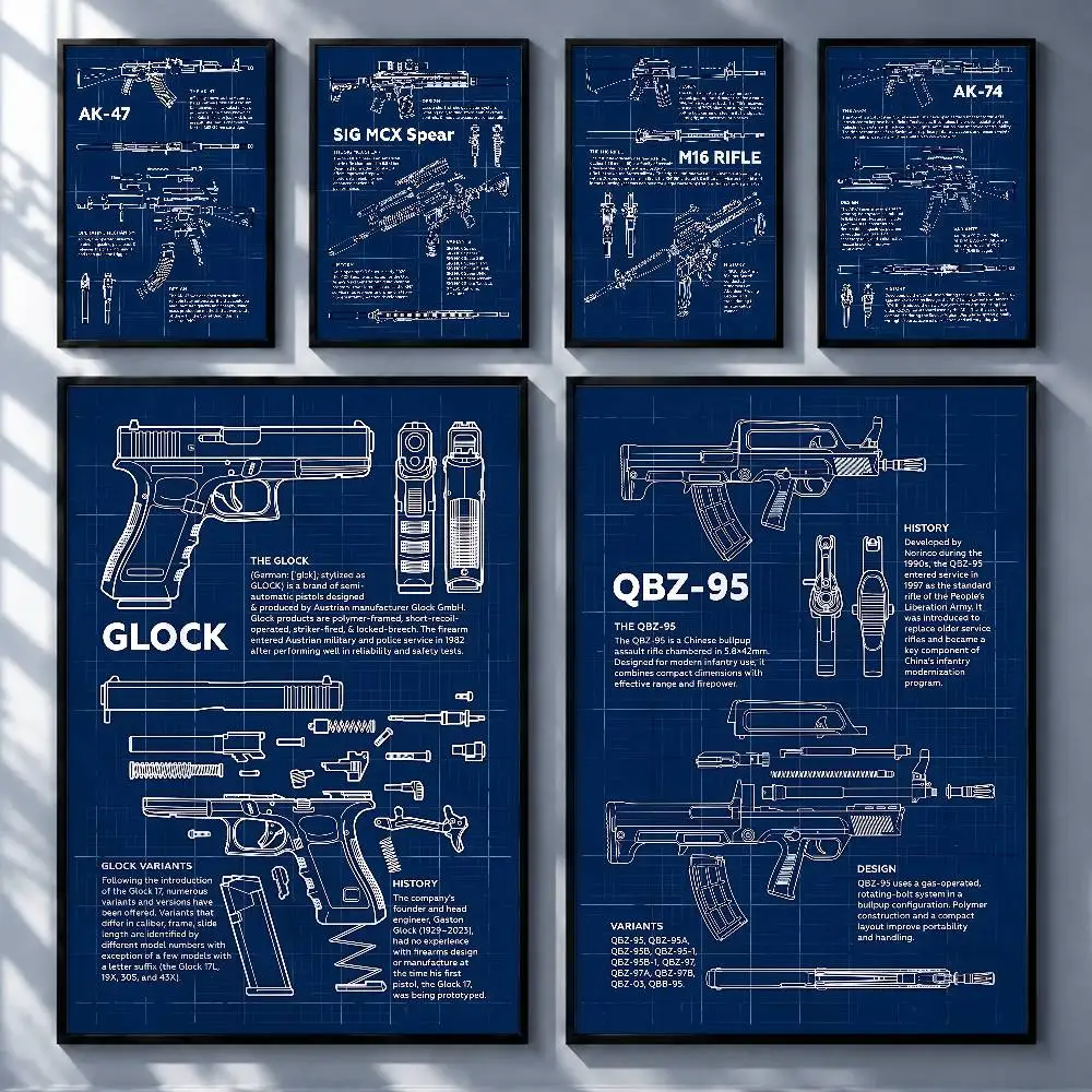 Vintage Firearm Firearm disassembly diagram Gun Posters Premium Self-Adhesive No Residue Wall Sticker for Home Office Bar Decor