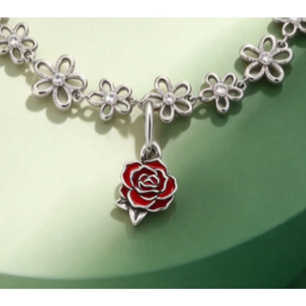 2027 New S925 Silver Vintage Flower Chain Charm Bracelet Globe Red Rose I'm Pepper T-shirt Kansas Tag Pendant Jewelry Gift
