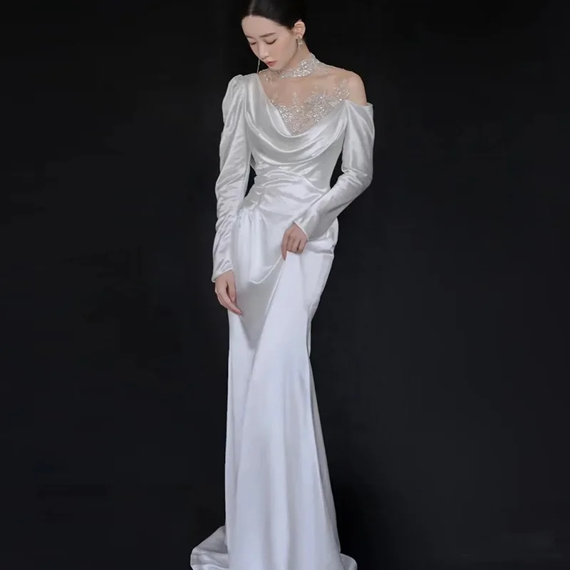 Gorgeous Applique Mermaid Wedding Dresses Illusion High Collar Long Sleeves Elegant Bridal Gown Pleated Women Bride Dress SWD241