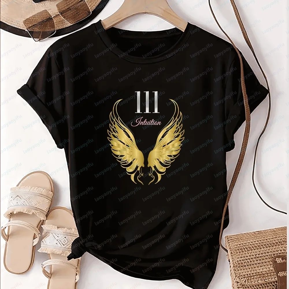Female Y2K Loose Angel Numbers 111 Tee Retro Angel Wing Print Short Sleeve T-shirt Teen Girls Streetwear Casual Tops