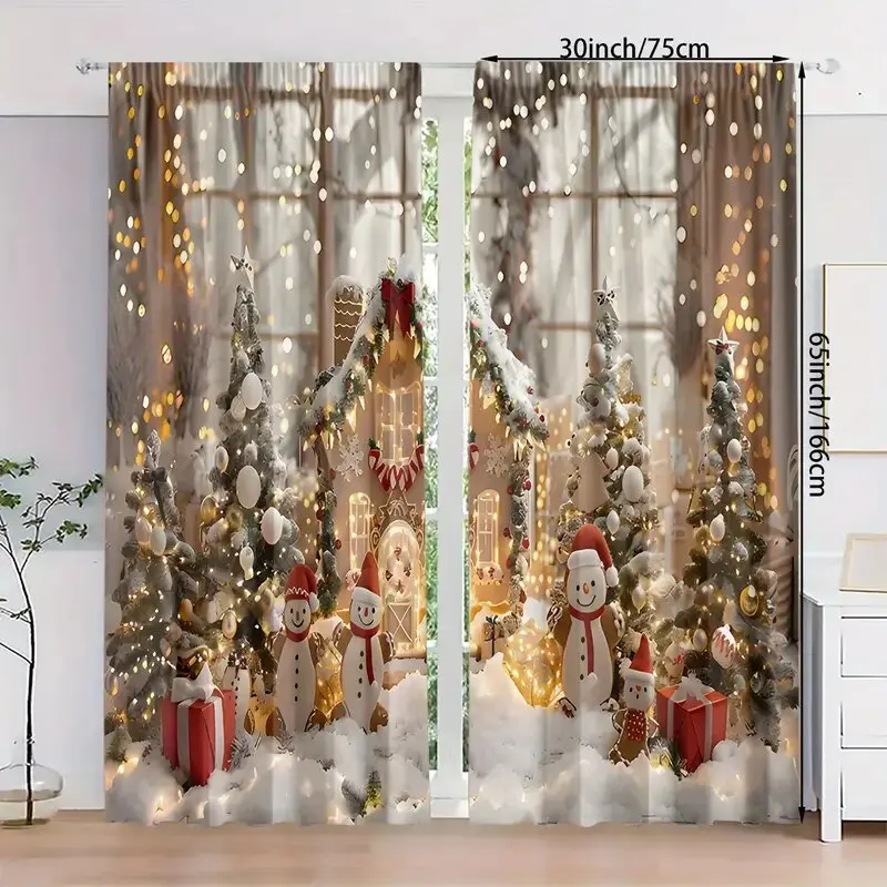 

2pcs - Christmas holiday Christmas snowman and Christmas tree pattern printed curtains, home decoration, room decoration