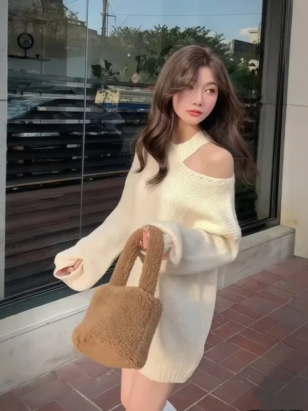 

Модный универсальный вязаный свитер с открытыми плечами, свободный, в стиле оверсайз, белый, женский, весна 2026, мягкий, с длинными рукавами, теплый