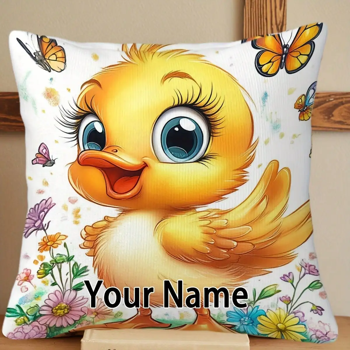 

1 шт. Чехол для подушки с индивидуальным дизайном: Желтая утка (утенок) с именем/текстом и узором в виде утки, мягкий чехол для дома