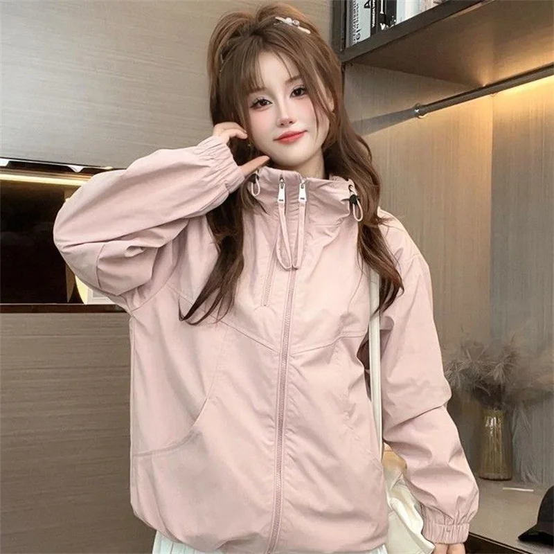 

Harajuku High Collar Cropped Jacket 2025 Women Solid Color Hooded Zip-Up Coat Woman Autumn Casual Short Windbreaker Female