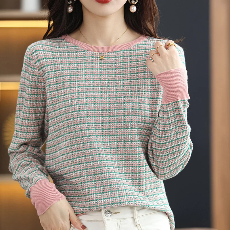 Women\'s Autumn Winter 100% Cotton Soft Sweater O-Neck Pullover Color Contrast Striped Casual Knitted Bottoming Warm Sweater