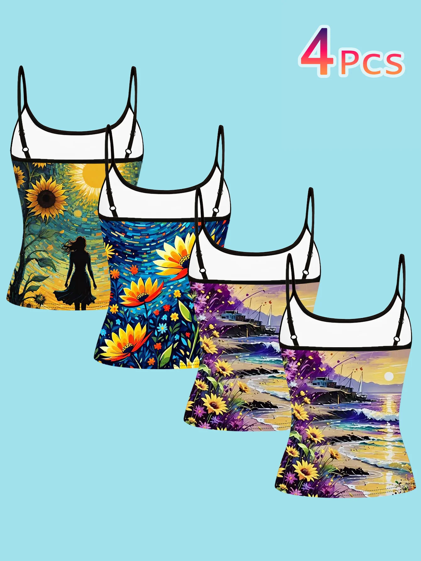 4-Piece Set of Women's Spaghetti Strap Camisoles with Black Base and Fluorescent Rainbow Tulip Lotus Large Floral Splash Art Print, Slim Fit Sleeveless Tops