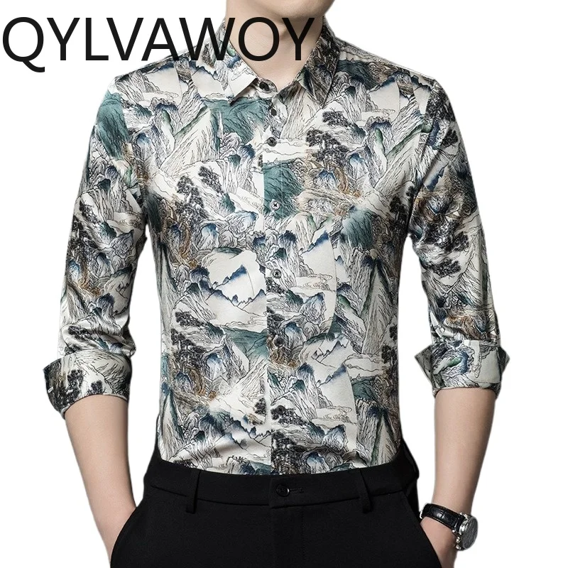 

QYLVAWOY Men's Shirts 100% Mulberry Silk Spring Autumn Shirts for Men Long Sleeves Tops Printed Shirt Menswear Clothing Fashion