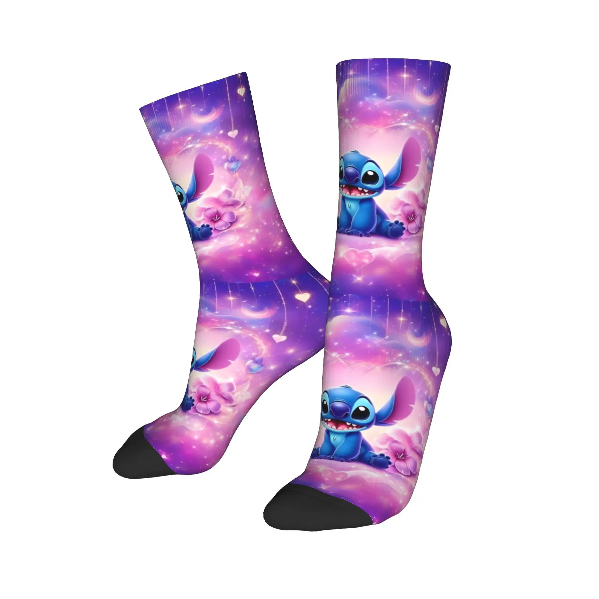 Stitch Purple Starry Stars Floral Autumn Winter Retro UnisexSocks Cartoon Cute Anime Non-slip Basketball Socks