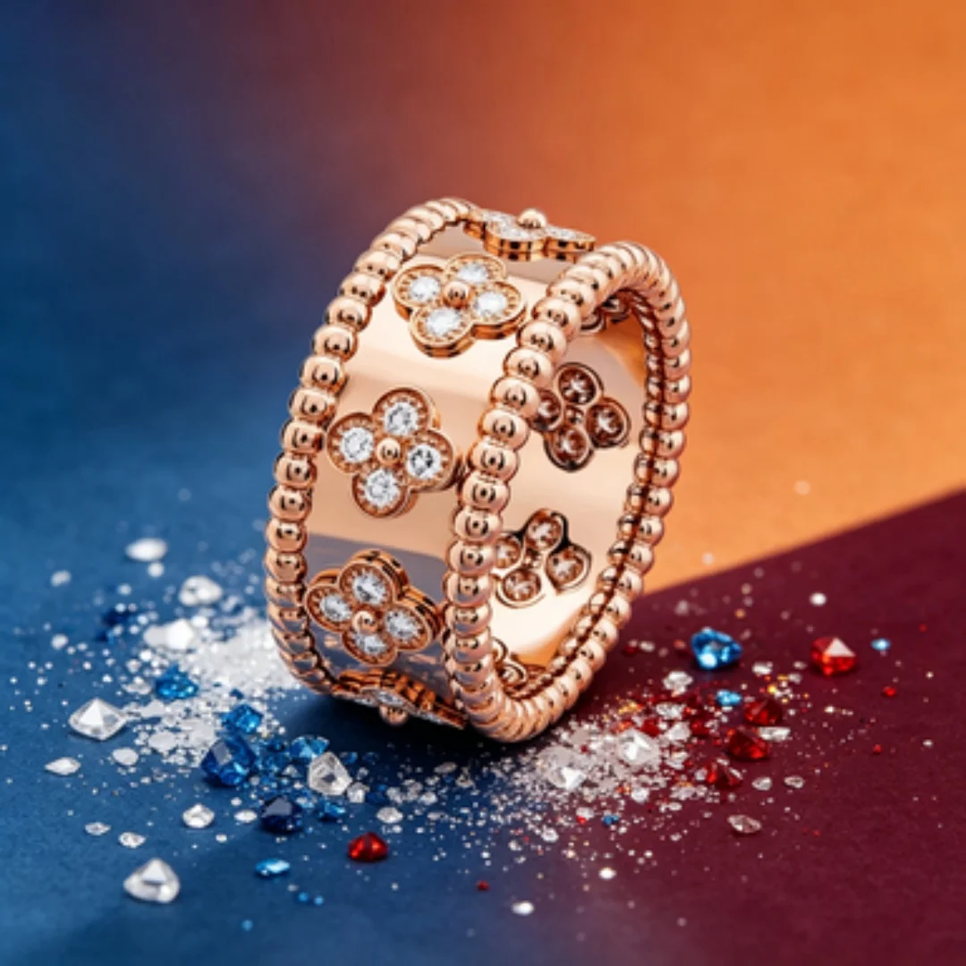 

Light luxury full diamond four leaf ring rose gold high-end banquet ring