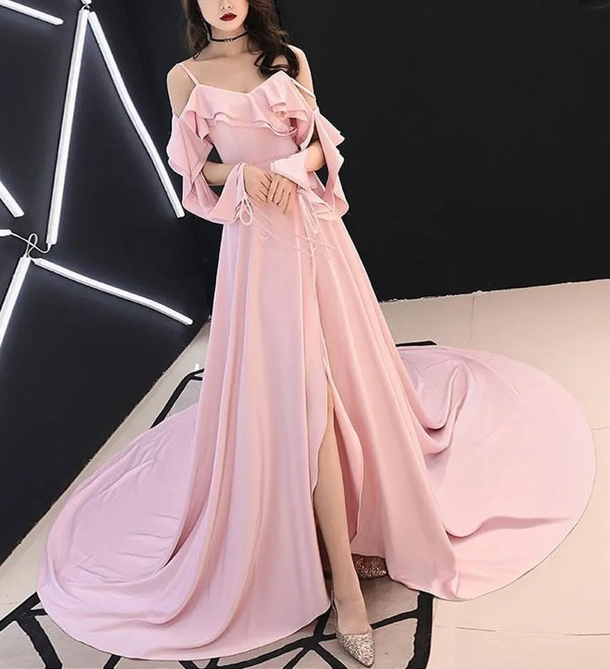 

Sapmae Scalloped Neckline A-line Court Train Ruffle Zipper Up Satin Pink Elegant Prom Formal Evenning Party Dress For Women