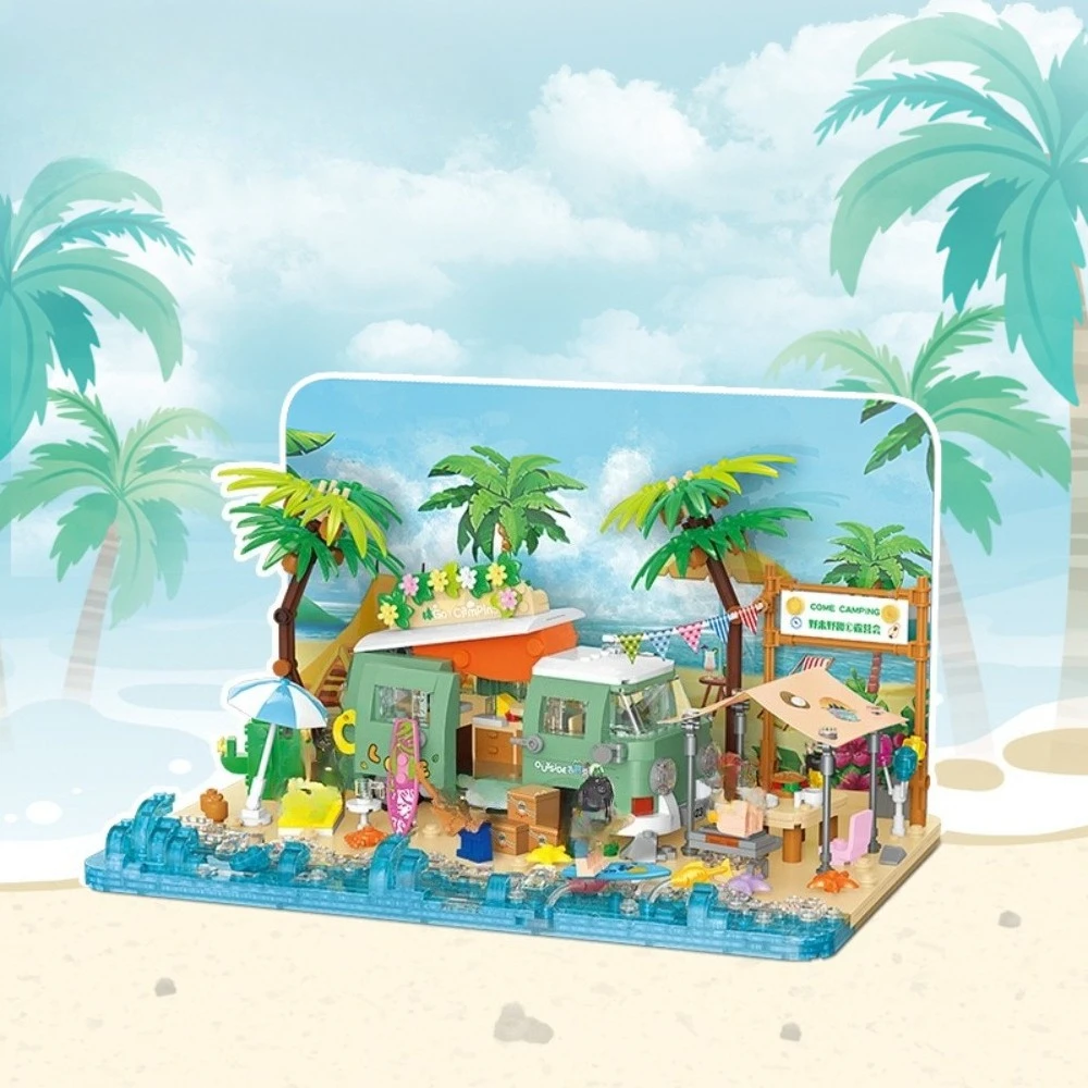 MOC التخييم شاطئ البحر عطلة اللبنات مجموعة شاطئ البرية فيلا شجرة البيت مع ضوء لتقوم بها بنفسك لعب للأطفال هدية عيد #6