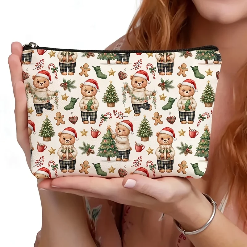 Christmas Teddy Bear Makeup Bag Zipper Cosmetic Pouch Xmas Bear Santa Hat Tree Gingerbread Print Portable Storage Purse Gift