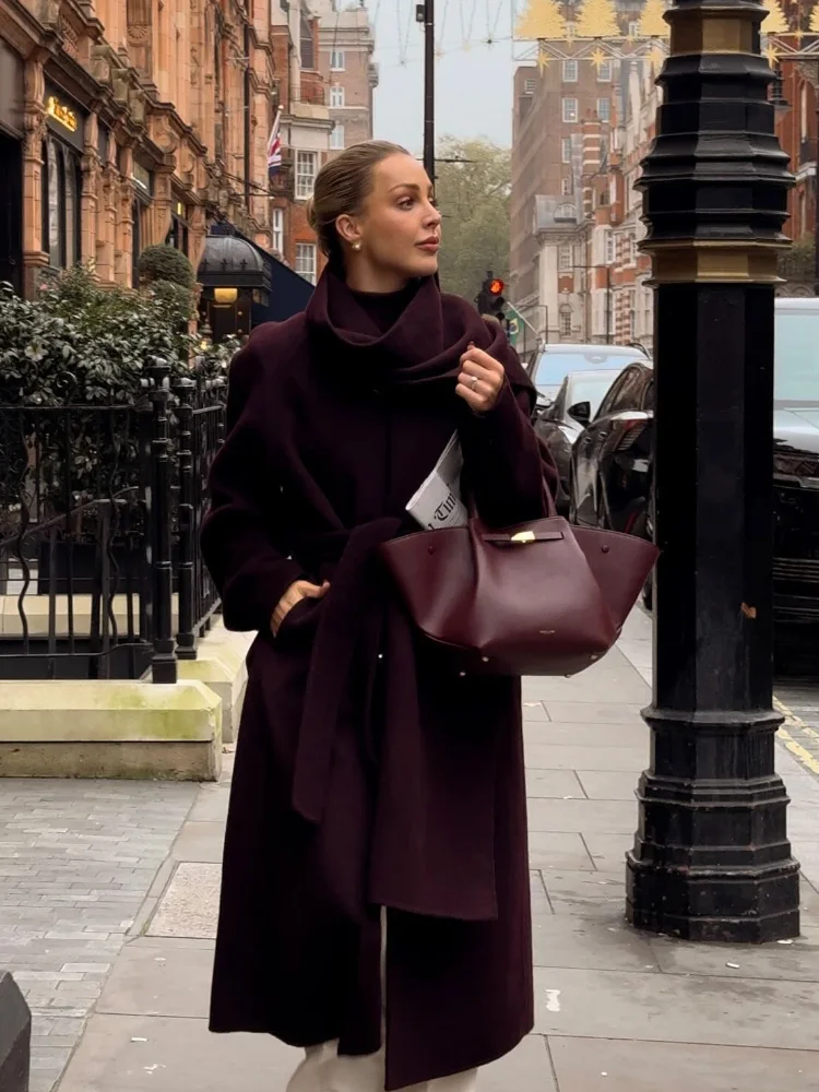 Fashion Burgundy Scarf Collar Wool Blend Overcoat Women Elegant Long Sleeve Belt Long Coat 2024 New Lady Chic Commute Outerwear